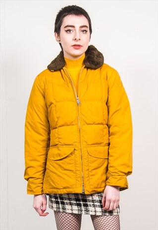 VINTAGE 80'S MUSTARD QUILTED PUFFER FAUX FUR COLLAR JACKET