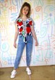 SHIRT VINTAGE 80S TIE FRONT TOP FLORAL PRINT & RUFFLES LARGE