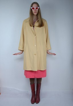 Vintage 90's Long Light Pastel Yellow Trench Coat Jacket 