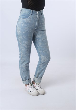 HIGH WAISTED DENIM JEANS TAPERED LEG VINTAGE UK 8 (A95I)