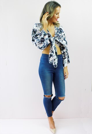 FLORAL PRINT PLUNGE FRONT TIE PEASANT BOHO BLOUSE TOP