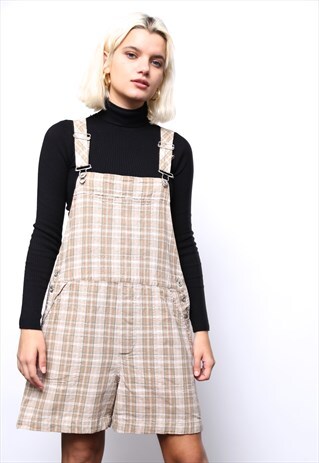 VINTAGE 90S BEIGE LINEN CHECK SHORT DUNGAREES