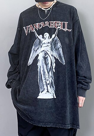 BLACK BAND WASHED OVERSIZED LONG SLEEVE T SHIRT Y2K