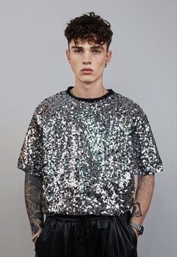 Silver sequin t-shirt glitter top sparkle jumper embellished