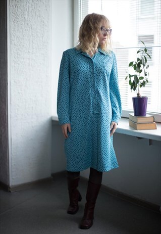 VINTAGE 80'S BLUE POLKA DOT LONG SLEEVED DRESS