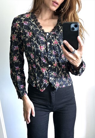 90S DITSY BLACK FLORAL SUMMER BLOUSE MEDIUM