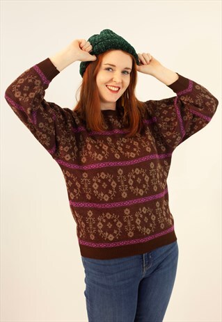 VINTAGE 80S JUMPER THIN BROWN PURPLE FLORAL STRIPED KNITTED