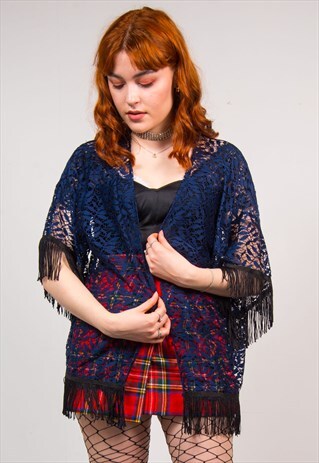 VINTAGE 90'S DARK BLUE LACE FRINGE KIMONO JACKET