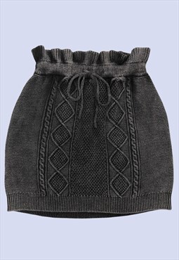 Charcoal Grey Cable Knit Drawstring Waist Winter Mini Skirt