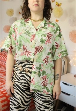Vintage 90s Cream Hawaiian Floral Print V Shirt Blouse Top