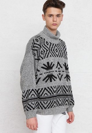 VINTAGE GREY TURTLE ROLL NECK CHRISTMAS JUMPER SWEATER