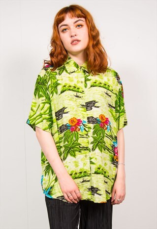 VINTAGE 90'S GREEN FLORAL PRINT SHORT SLEEVE HAWAIIAN SHIRT