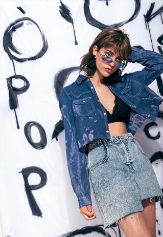 VINTAGE DENIM SHIRT Y2K CROPPED TIE-DYED BLEACHED TOP FRAYED