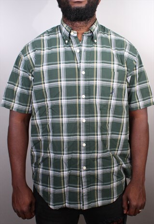 MENS VINTAGE NAUTICA GREEN SHORT SLEEVE CHECKED SHIRT