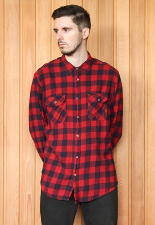 VINTAGE RED AND BLUE CHECKED FLANNEL SHIRT