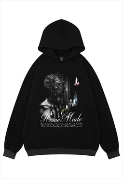 Gothic print hoodie psychedelic pullover punk top in black