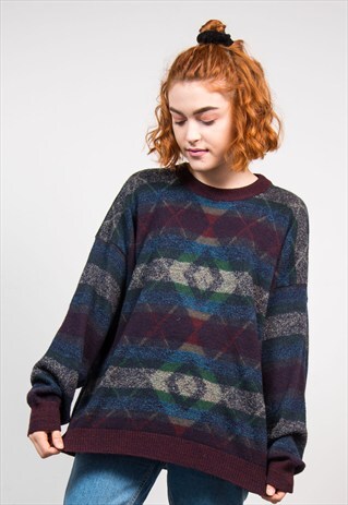 VINTAGE 90'S DIAMOND CHECK GRUNGE KNIT JUMPER