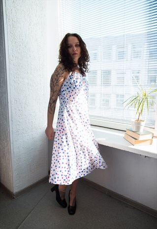 VINTAGE 70'S WHITE MIDI POLKA DOT SLEEVELESS DRESS