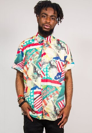 90'S VINTAGE CRAZY AMERICA USA PATTERN SHORT SLEEVE SHIRT