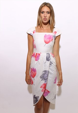 VINTAGE 1980'S 80'S FLORAL WHITE COTTON TULIP DRESS XS-S