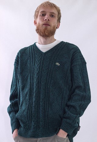 VINTAGE MENS LACOSTE LOGO KNIT V-NECK JUMPER SWEATER