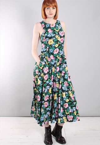 VINTAGE 80S BRIGHT FLORAL SLEEVELESS FLARED MIDI DRESS