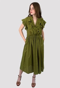 80's Vintage Green Multi Ruffle Short Sleeves Ladies Dress
