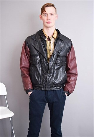 80'S RETRO BLOCKED GENUINE LEATHER BOMBER BIKER JACKET TOP