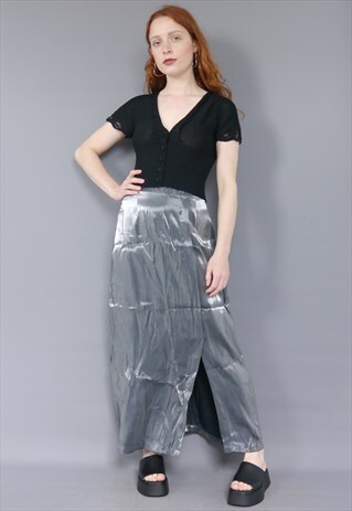VINTAGE 90S SILVER SHIMMERY IRIDESCENT SPLIT LEG SKIRT