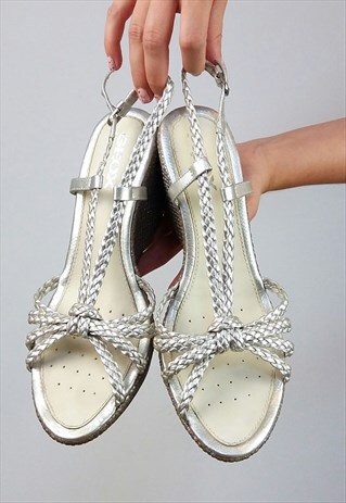GEOX VINTAGE 90'S SILVER LEATHER SANDALS / WEDGES