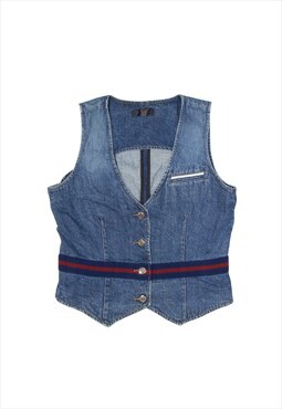 WILLISMITH Waistcoat Denim Gilet Blue 90s Striped Womens M