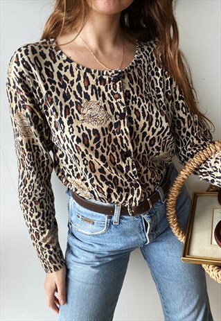 VINTAGE 80S PARISIAN ANIMAL LEOPARD PRINT COTTON TOP BLOUSE