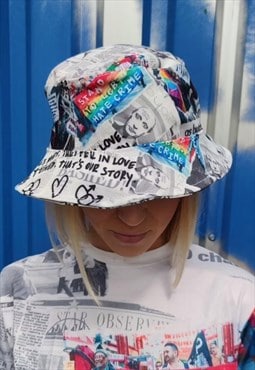 Pride bucket hat LGBT love graffiti gay rainbow cap in white