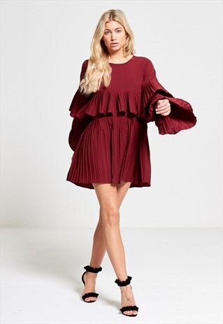 WINE PLEATED RUFFLE MINI DRESS