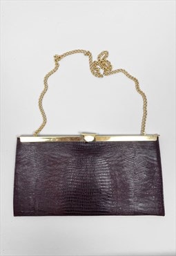 70's Ladies Vintage Bag Faux Moc Croc Burgundy Gold Chain