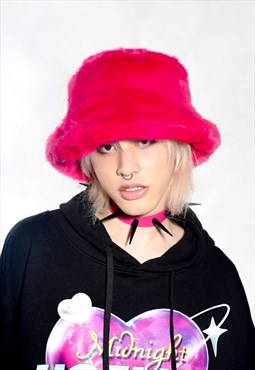 Festival faux fur bucket hat fluffy neon hat rave cap pink