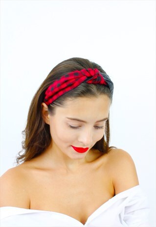 RED CHECK PRINT FAUX LEATHER TOP KNOT ALICE BAND