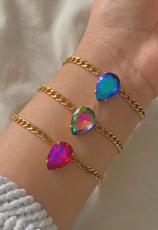 3 X PINK GREEN BLUE TEARDROP CRYSTAL GOLD CHAIN BRACELETS