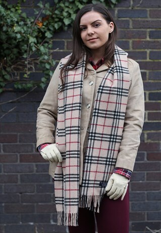 VINTAGE LAMBSWOOL CHECKED SCARF BEIGE-AS144