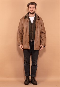 Vintage 80's Men Sheepskin Leather Coat in Beige
