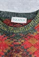 VINTAGE KNITTED JUMPER ABSTRACT PATTERNED GRANDAD SWEATER