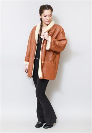 VINTAGE 1980'S TAN BROWN SHEARLING AVIATOR COAT