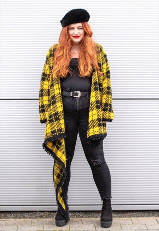 80'S VINTAGE YELLOW BLACK TARTAN CAPE CARDIAN