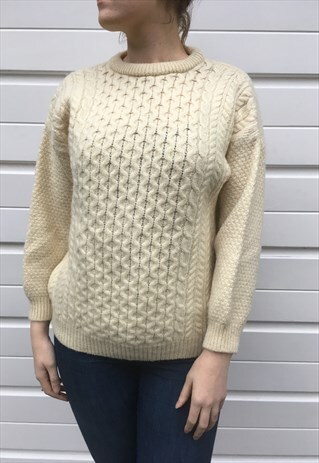 WOMENS VINTAGE 80S CREAM CABLE KNIT WOOL JUMPER SWEATER