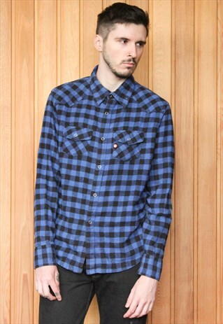 VINTAGE BLUE AND BLACK CHECKED FLANNEL SHIRT