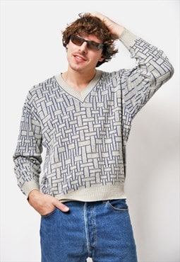 Vintage sweater geometric patterned beige blue mens retro 