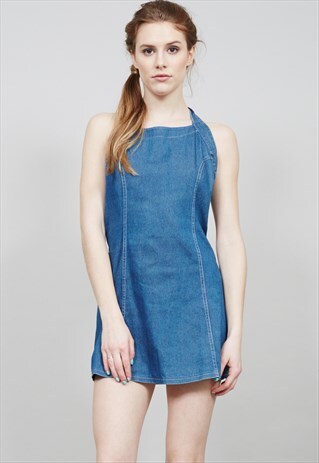 VINTAGE 90'S MID WASH DENIM HALTER NECK SKATER MINI DRESS