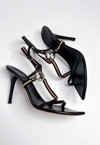 Gucci Heels Sandals Strappy GG Logo Monogram Buckle Black 5