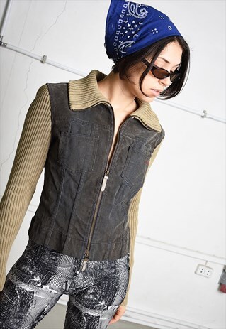 VINTAGE Y2K RETRO FAUX LEATHER & KNIT JACKET CARDI IN BROWN