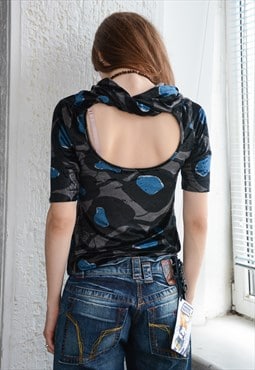 Vintage MISS SIXTY Velvet Abstract Print Open Back Top